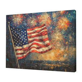 American Flag Canvas Wall Art Old Vintage American Flag Painting Patriotic Rustic Pictures Framed for Kitchen Bathroom Bedroom Office Retro Farmhouse Fireworks Americana Modern Wall Decor 12"x16"