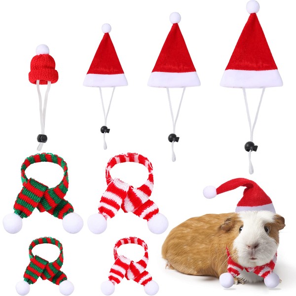 Satiri 8 Pieces Small Animal Christmas Costume Mini Santa Hat Xmas Guinea Pig Hat Small Pet Christmas Hat with Scarf for Hamster Guinea Pig Chinchilla Hedgehog Lizard Bearded Dragon Xmas Party Supply