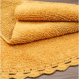 Half Circle Bohemian Bathroom Rug with Handwoven Chrochet Border, Beautifully Handcrafted 100% Cotton Mat - 22x42", Round Boho Bedroom Rug, Boho Bathroom Décor, Machine Washable - Honey Mustard