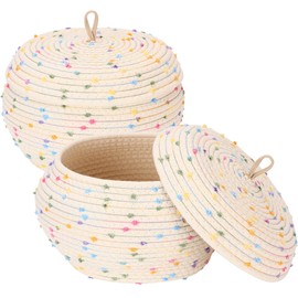 Sea Team Round Cotton Rope Storage Basket with Lid, Decorative Woven Storage Bin, Pot, Caddy, Organizer, Container for Snacks, Towels, Plants (Rainbow, Small/2-Pack)