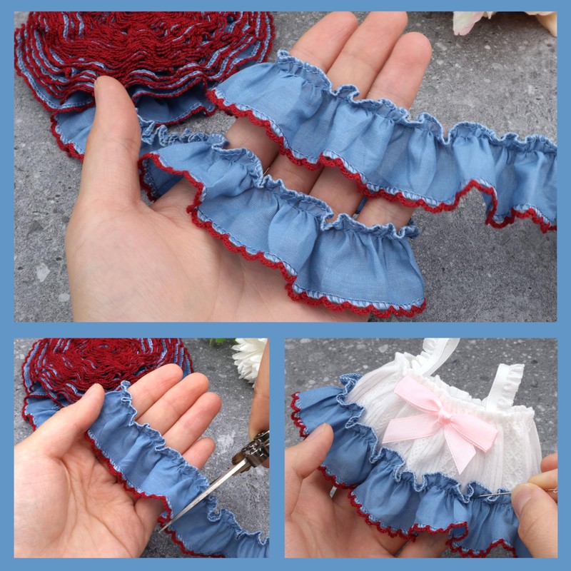 Blue Ruffle Trim Pleated Lace Ribbon 1.2inch x 5 Yards