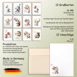 Geburtstagskarte Glückwunschkarten Postkarten Set mit 12 Geburtstagskarten mit Umschlägen Süßen Tieren Maus Eichhörnchen Hunden Katzen Igel Hase Löwe Affe Hamster mit Happy Birthday bedruckt
