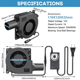 GDSTIME BBQ Stove Fan, 120mm x 32mm 12cm AC 100-240V Blower Inflatable Cooling Fan for Boiler Outdoor Camping Drum Smoker Cooking BBQ Stove DIY, Variable Speed Controller, US Plug