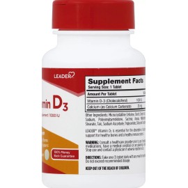 Leader Vitamin D3 1000 IU Extra Strength Tablets Support Healthy Bones 200 Count