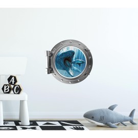 Port Scape Instant Sea Window View Mosasaurus Silver Porthole Wall Decal Jurassic Dinosaur Wall Art Sticker Kids Room Decor 12 inch