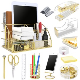 YOLOZAI Office Desk Organizers, Gold 13PCS Office Supplies and Accessories Desk organizer, Acrylic Stapler, Staple Remover, Clips, Scissor, Phone Holder, Pen, Pen Holder