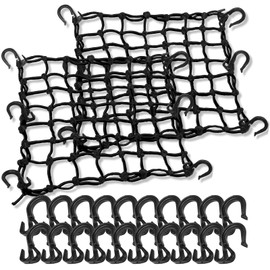 TKKEUEP 2 Pack 15"X15" Motorcycle Cargo Net Stretches to 30"x30", 2"x2" Tight Mesh,Total 20 Hooks, Cargo Nets for Motorcycle Luggage Bike Basket, Luggage Rack ATV Rack Snowmobile Cargo Helmet Net