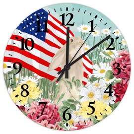 15 Inch Silent Non-Ticking Wall Clocks Fourth of July Patriotic USA American Flag Home Decoration for Patio Arabic Numerals Retro Round Wooden Wall Clock Rustic for Conference Room Nursery