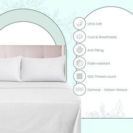 Feather & Stitch 500 TC Split King Size Damask Bed Sheet Set, 100% Cotton Soft Breathable Bedsheets, 5 Piece 18" Deep Pockets Sateen Weave Striped Bedding Mattress Resort Hotel Luxury- (White)