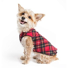 Gold Paw Stretch Fleece Dog Coat – Soft, Warm Dog Clothes, Stretchy Pet Sweater – Machine Washable, Eco Friendly – All Season – Sizes 2-33, Red Classic Plaid, Size 2