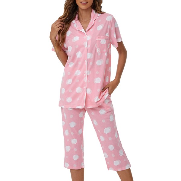 Tugege Capri Pajamas Set Womens Button Down Short Sleeve Lounge