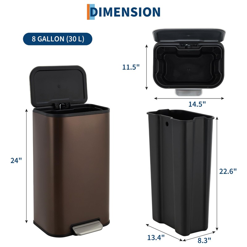 DYTesa 8 Gallon Brown Stainless Steel Kitchen Trash Can -