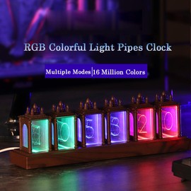 Nixie Tube Clock Walnut Digital Clock, Easy Alarm Settings & 12/24h Alarm Display, Adjustable Brightness and Color Night Light RGB Lighting Desk Clock, Retro Gift to Decorate (Assembly Required)