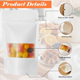 Leelosp 300 Pcs Kraft Bags with Window 3.5 x 5.5 Inch Kraft Stand up Paper Bags Reusable Food Storage Pouches Heat Sealable Zipper Sealing Pouches Bulk for Packaging Business(White)