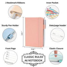 feela 6 Pack Pocket Small Notebooks Bulk, Mini Cute Memo Notepads Hardcover College Ruled Lined Journals with Pen Holder for Women Girls Office School, with 6 Black Pens, 3.5”x 5.5”, A6, Mild Colors