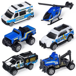 Oriate 6 Pack 1/64 Die-cast Mini Police Patrol Cars Toy Cake Topper Kids Set, Emergency Vehicle Cop Car, Van, Helicopter & Tow Trucks Toy, Birthday Gifts Toy for Boys Girls 3 4 5 6 Years Old