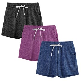 3-Pack Kids/Girls/Teen Girls Athletic Shorts Quick Dry High Waisted Running Shorts with Pockets (5-18 Years), Heather Black/Blue/Purple, 10-12 Years