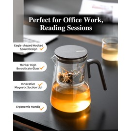 ZENS Magnetic Tea Pot, Large Enchanted Glass Teapot with Infuser and Magnetic Suction Lid for Mess-Free Loose Tea Diffusers, Black Walnut Pattern Handle, Tea Lovers Gifts