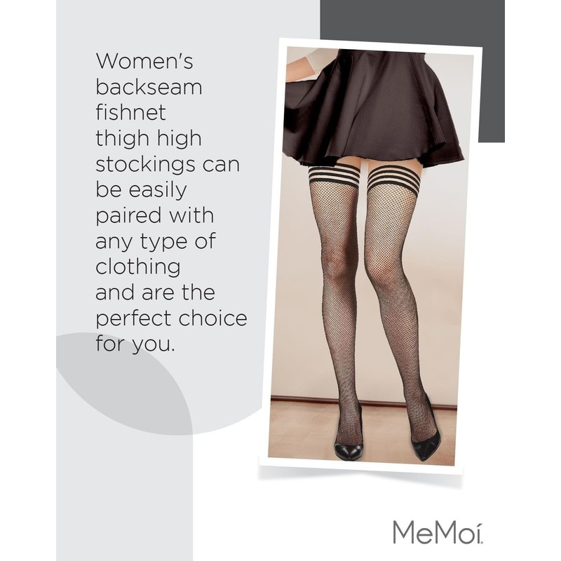 MeMoi Backseam Fishnet Thigh High Stockings, Nylon Fishnet Stockings for