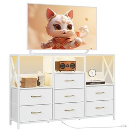 Decofy Bedroom Dresser with Sockets LED Lights,7 Drawers TV Stand White for 65 Inch TV,Dresser with Open Shelf,𝐏𝐔 𝐋𝐞𝐚𝐭𝐡𝐞𝐫,for Bedroom,Closet (White)