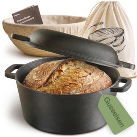 Praknu Cast Iron Pot for Bread Baking Set (26 cm Bread Pot) - Includes Proofing Basket, Bread Bag & Bread Baking Pot - Roasting Dish with Lid - Bread Baking Accessories - Round 4.7 L