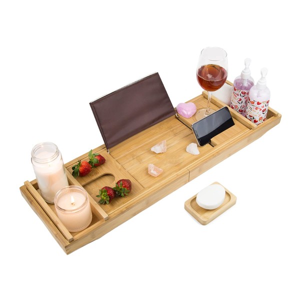 Premium Bamboo Bathtub Tray Caddy for Tub - Expandable Foldable Bath Tray - Unique House Warming Gifts, New Home, Anniversary & Wedding Gifts for Couple, Bath Table Bridal Shower Gift