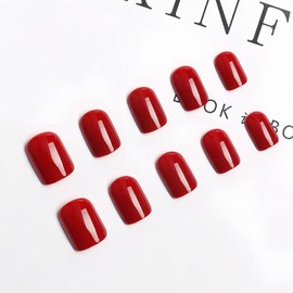 BFY Short Press on Nails Square Winter Christmas Colors, Wine Red Solid Color Nail Decoration Gel Made Acrylic Nails, Glossy Fake Nails Stick Glue on Nails Kit, New Year Nail Accessories 24 Pcs