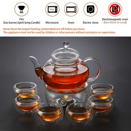 27 oz Glass Teapot Set Stovetop Safe Tea Infuser Maker with a Candle Warmer and 6 Double Wall Teacups，Blooming & Loose Leaf Tea Pot CJ-800ml