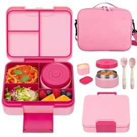 Kids Bento Lunch Box Set with 9.5oz Soup Thermo, Leak-Proof Lunch Food Containers with 3 Compartment and Removable Inner Tray, Insulated Hot Food Jar with Lunch Bag for School, Office, Pink