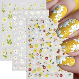 3Sheets Flower Nail Art Stickers 5D Embossed Colorful Daisy Nail Decals Self Adhesive White Daisy Floral Nail Design Cute Daisy Floral Nail Supplies Nail Decorations for Women Manicure Accessories