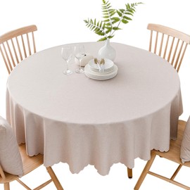 Qubjus Waterproof Round Tablecloth Washable Linen Solid Color Wrinkle Oilproof Table Cloth with Lace for Home Decor(Beige, Round- 62inch)