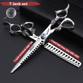 sharonds 6 Inch / 7 Inch Hair Scissors Blue Gem Hair Scissors High-End Salon 440C Steel Barber Scissors (7 Inch 2pc-A)