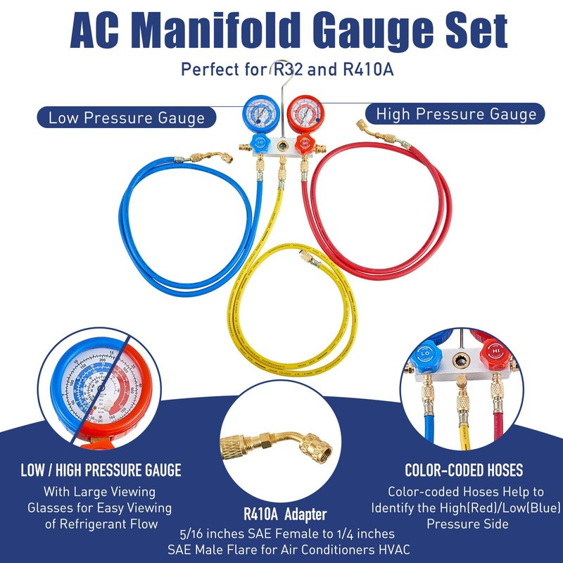 BACOENG AC Gauge Set for R32 R410a, A/C Refrigerant Recharge