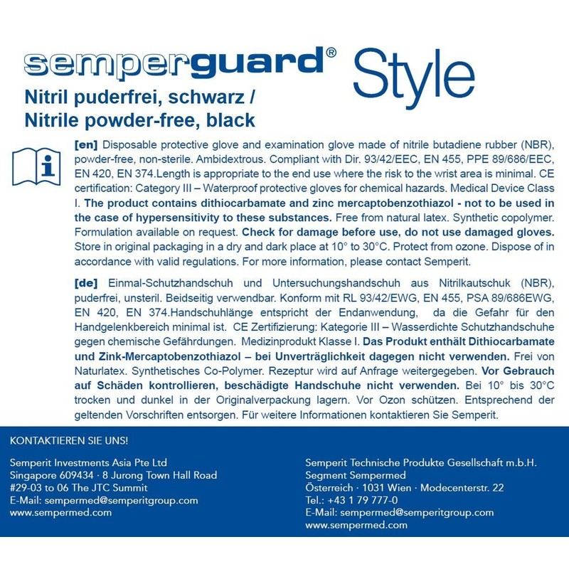 Semperguard Nitrile Disposable Gloves Style, s, Black