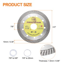 HARFINGTON 3pcs Diamond Saw Blade 4.5" Dia 7/8" Arbor Circular Cutting Wheel with 7/8" to 5/8" or 20mm Arbor Adapter Reducer Ring for Masonry Tile Marble Ceramics Concrete Cement, Golden