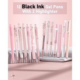 Four Candies 14Pack Pastel Gel Ink Pen Set,Cute Retractable 0.5mm Fine Point Pen,Note Taking Aesthetic Pens,12 Pack Black Ink Pens with 2Pack Highlighter, Smooth Writing Pens for School, Office (Pink)