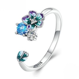 PAHALA 925 Sterling Silver Enamel Colorful Flower Open Finger Crystal Adjustable Wedding Party Engagement Ring