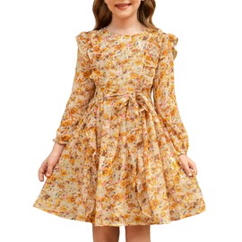 GRACE KARIN Girls Long Sleeve Fall Dress Floral Holiday Party Dresses for Girl 6-7Y Beige
