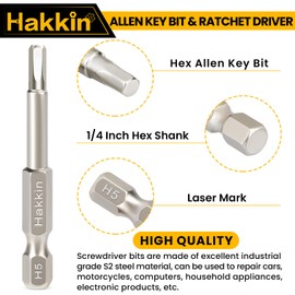 Allen Key Bit & Ratchet Screwdriver Set Hakkin 8Pcs H1.5-H8 50mm Impact Hex Head Allen Wrench Drill Bits S2 Steel Magnetic 1/4” Hex Shank Hex Bit Set for Screwdriver, Impact Drill, Ratchet Wrench etc