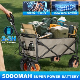 Electric Collapsible Garden Wagon Cart with Wheel,Rolling Foldable Metal Utility Wagon Carts,100w Power and 300lb Capacity, Portable for Camping,Sports,Shopping,Groceries,Laundry