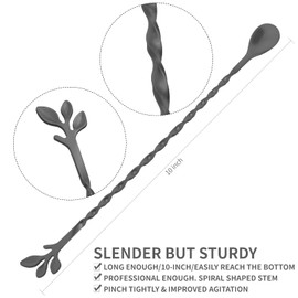 AnSaw Black 10-Inch Stainless Steel Cocktail Spoon with Leaf Handle - Perfect for Mixing & Layering Drinks in Tall Cups, Bar & Shakers - Durable Long Handle Bar Stirrer,2-Pieces