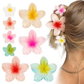 8Pcs 2 Sizes Hawaiian Plumeria Flower Hair Claw Clips 4cm 8cm Summer Gradient Flower Acrylic Hair Jaw Clips for Medium Thin Thick Hair Women Girls Hawaii Hair Accessories