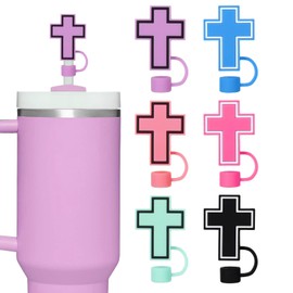 JarThenaAMCS 6Pcs Jesus Faith Straw Covers 0.4 Inch Silicone Reusable Christian Cross Straw Topper Double Sided Pattern Straw Tip Covers for 30 & 40 OZ Tumbler Cups