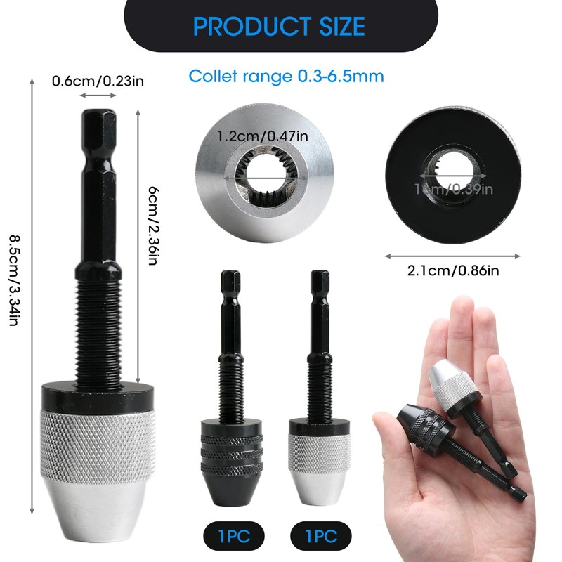 2pcs Keyless Drill Chuck Conversion Tool Adapter 0.3-6.5mm, 1/4 Inch
