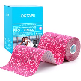 OK TAPE PRO Original Kinesiology Tape Pre-Cut Strips, Latex Free Elastic Athletic Tape Roll, 2in×16ft 2Rolls,Pink+White
