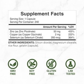 Deal Supplement Zinc 50mg with Selenium + Copper, 240 Capsules, 8 Month Supply, 3 in 1 Mineral Formula, Zinc Picolinate Complex Supplement, Supports Healthy Immune System for Adults and Kids