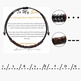 SUNSH Morse Code Bracelet I Love You for My Son Grandson Husband Friend Adjustable Bracelet with Wooden Beads Stainless Steel Fashion Inspirational Jewellery Gift, Stainless Steel, No gemstone