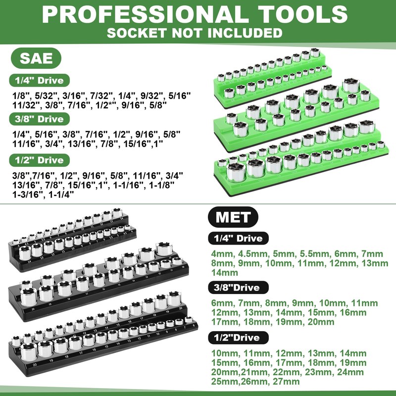 Blulu 8 Pack Magnetic Socket Organizer Set 1/4", 3/8", 1/2"