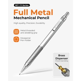 STAGEEK Metal Mechanical Pencil Set in Leather Case, 5PCS Art Drafting Pencil 0.3, 0.5, 0.7, 0.9 & 2mm Lead Holder, 9 Tube (4B 2B HB 2H Colors) Lead Refills for Drawing, Sketching, Writing (Silver)