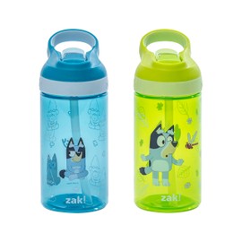 Zak Designs Bluey Atlantic Kids Water Bottle For School or Travel, 16oz Durable Plastic Water Bottle With Straw, Handle, and Leak-Proof, Pop-Up Spout Cover, 2-Pack (Bluey, Bingo)
